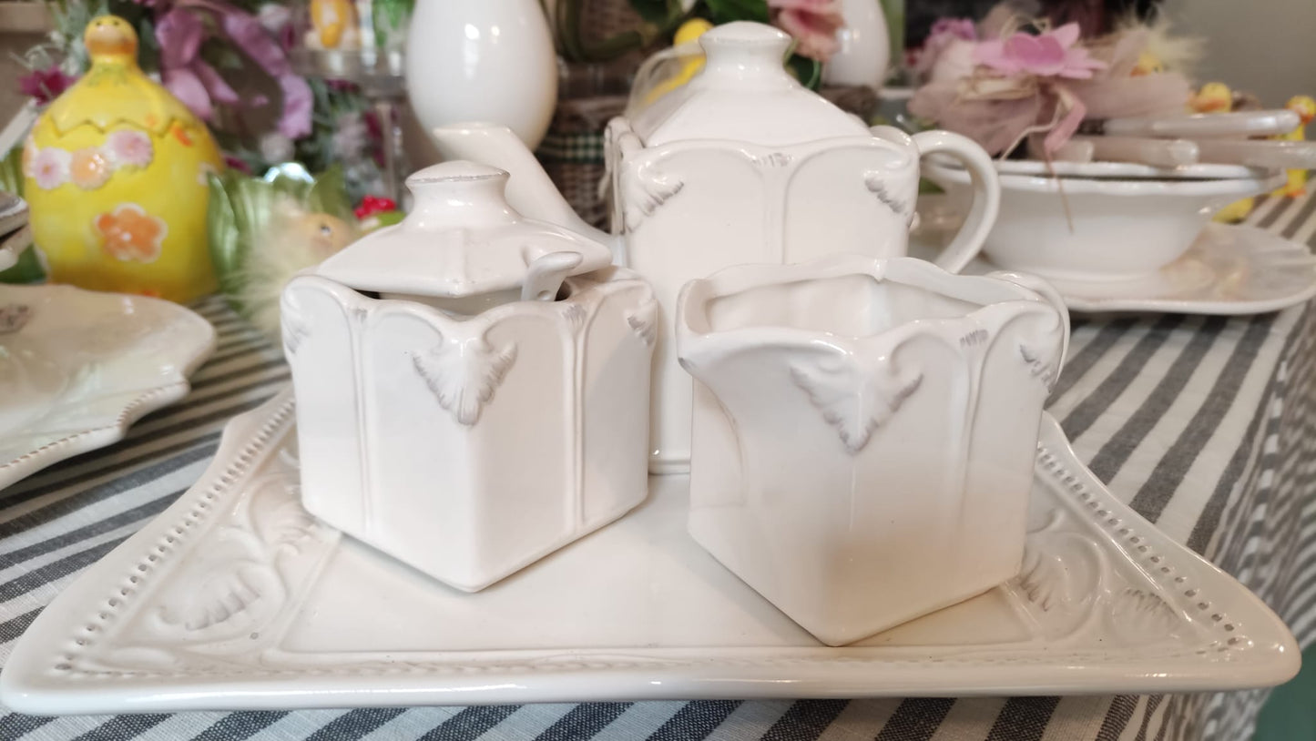 SET TEIERA - ZUCCHERIERA - LATTIERA BIANCO CON PIATTO PORTATA