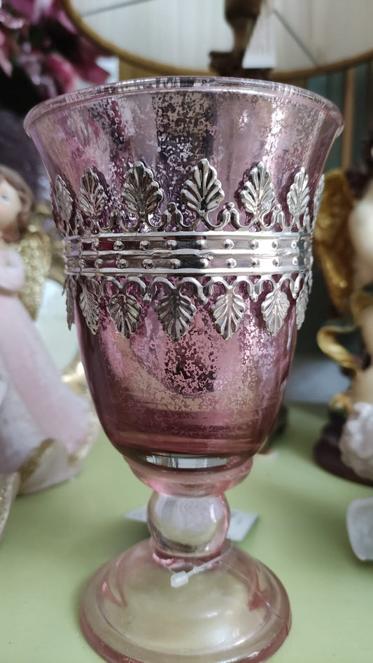 COPPA PORTA CANDELA ROSA E ARGENTO